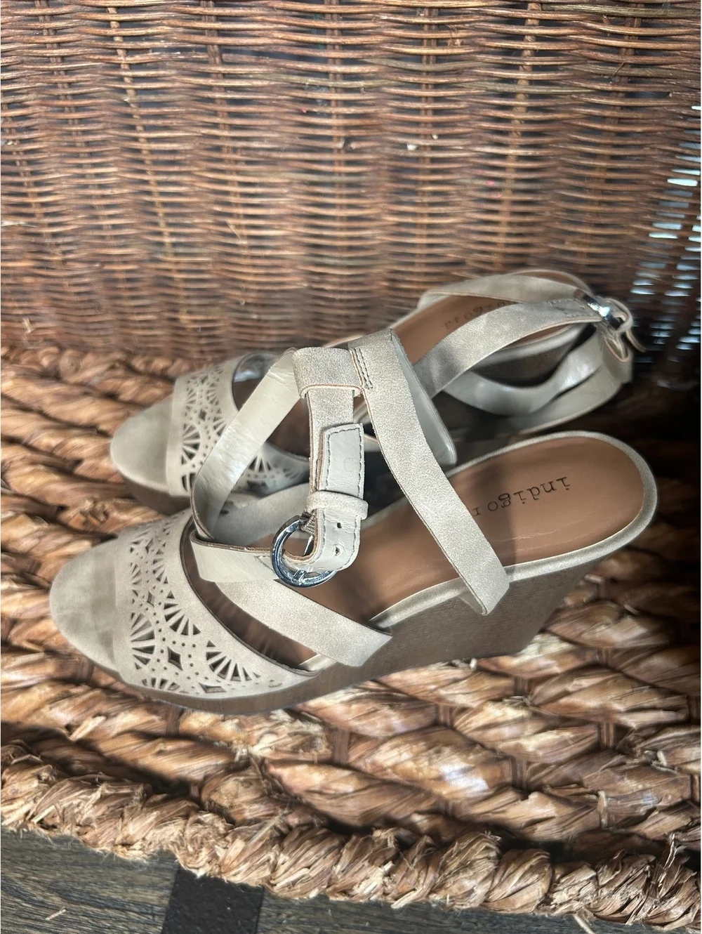 Taupe laser-cut wedge sandals